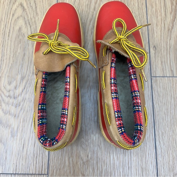 Lands' End Duck Boots Low Red & Tan Leather Fur Flannel Lining Womens Size7 M - Picture 3 of 8